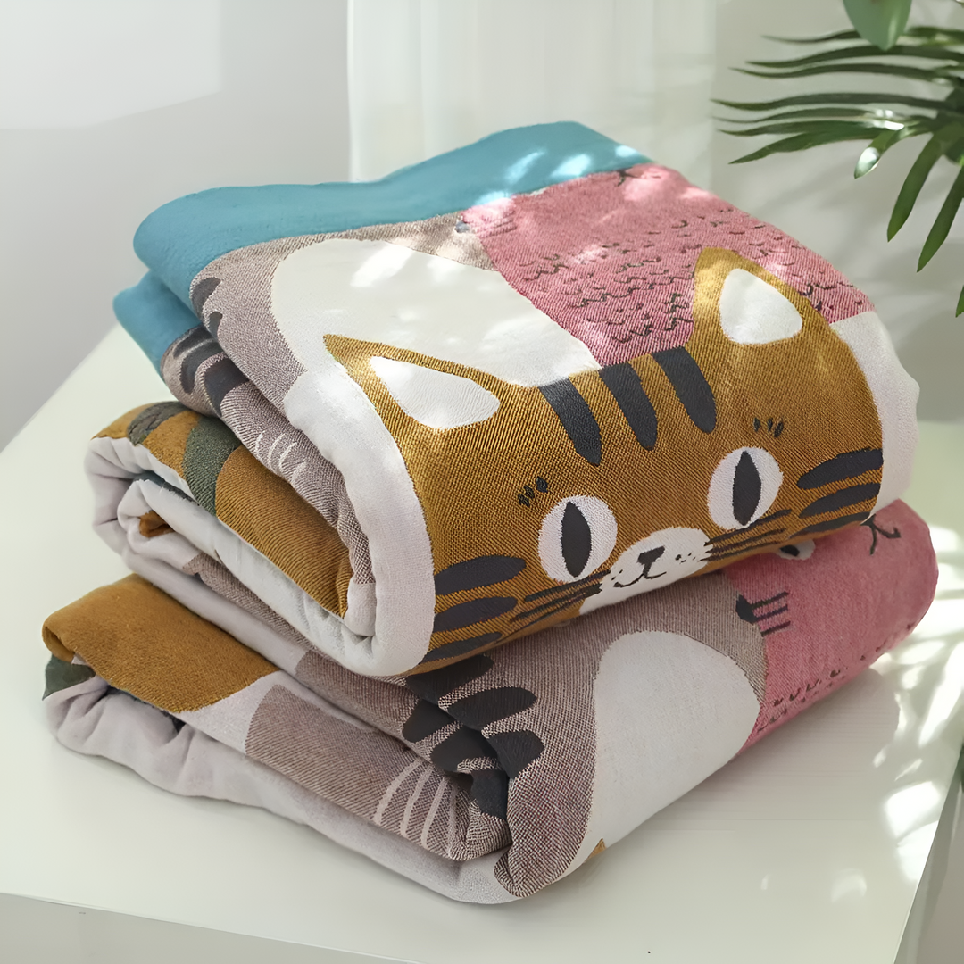 PfotenZauber: Coperte in cotone con un affettuoso motivo di gatto e un versatile design reversibile – per camera da letto e divano