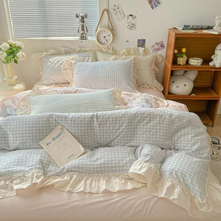 PrinzessinStil: Set di copripiumino a quadri – morbido, traspirante e decorativo con pizzi per camere da letto giovanili e dormitori