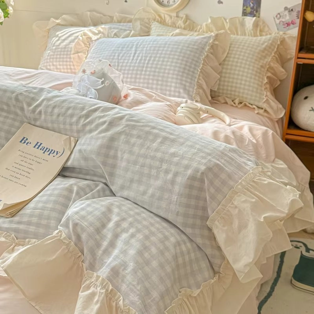 PrinzessinStil: Set di copripiumino a quadri – morbido, traspirante e decorativo con pizzi per camere da letto giovanili e dormitori