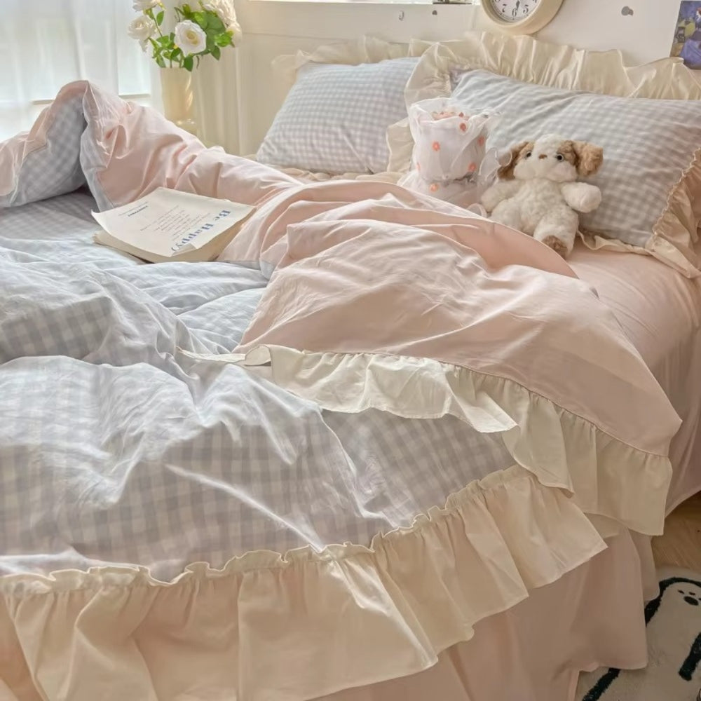 PrinzessinStil: Set di copripiumino a quadri – morbido, traspirante e decorativo con pizzi per camere da letto giovanili e dormitori