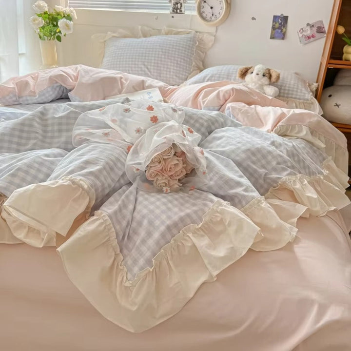 PrinzessinStil: Set di copripiumino a quadri – morbido, traspirante e decorativo con pizzi per camere da letto giovanili e dormitori