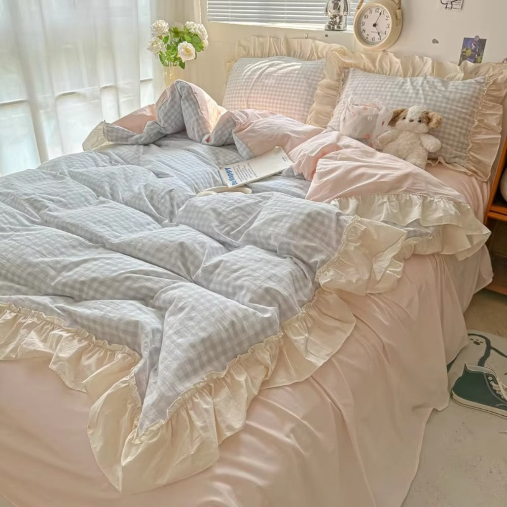 PrinzessinStil: Set di copripiumino a quadri – morbido, traspirante e decorativo con pizzi per camere da letto giovanili e dormitori