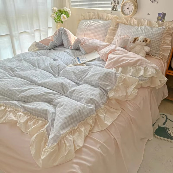 PrinzessinStil: Set di copripiumino a quadri – morbido, traspirante e decorativo con pizzi per camere da letto giovanili e dormitori