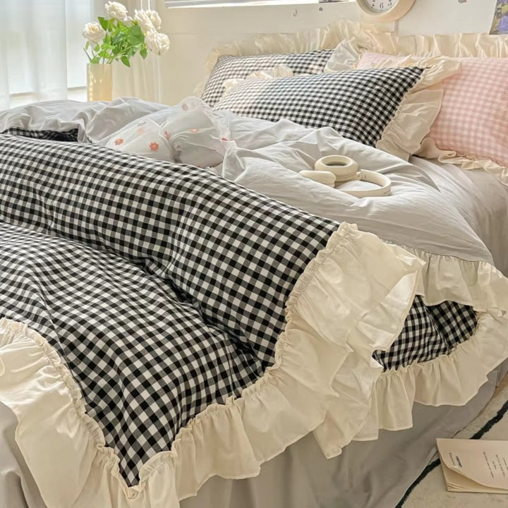 PrinzessinStil: Set di copripiumino a quadri – morbido, traspirante e decorativo con pizzi per camere da letto giovanili e dormitori