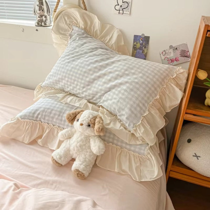 PrinzessinStil: Set di copripiumino a quadri – morbido, traspirante e decorativo con pizzi per camere da letto giovanili e dormitori