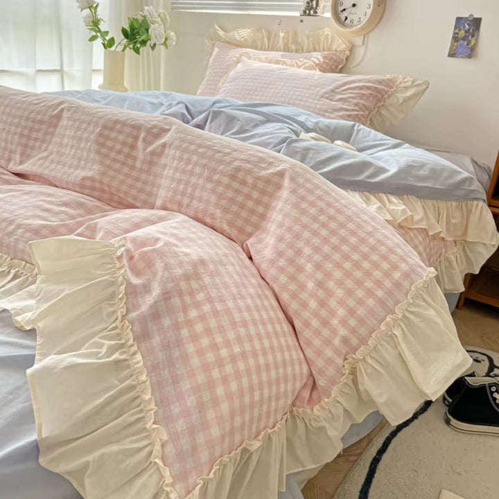 PrinzessinStil: Set di copripiumino a quadri – morbido, traspirante e decorativo con pizzi per camere da letto giovanili e dormitori