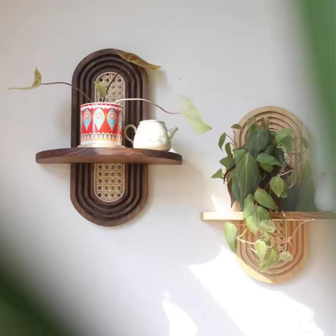 RattanBogen: Mensola a muro in legno – decorativa, sospesa e appesa con retro in rattan in stile Boho per soggiorno e camera da letto