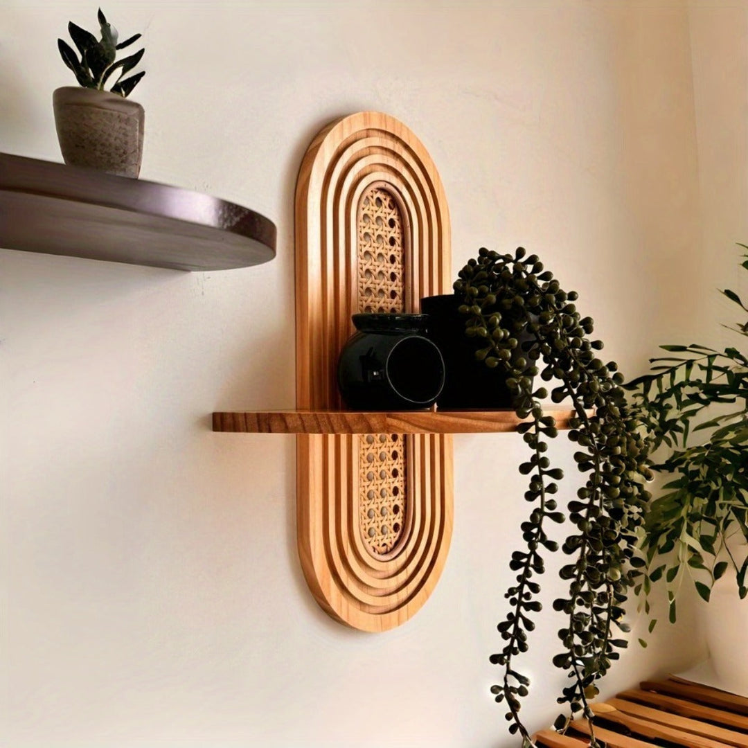 RattanBogen: Mensola a muro in legno – decorativa, sospesa e appesa con retro in rattan in stile Boho per soggiorno e camera da letto