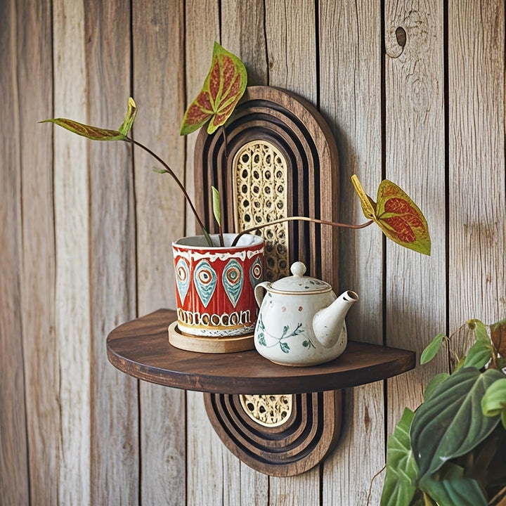 RattanBogen: Mensola a muro in legno – decorativa, sospesa e appesa con retro in rattan in stile Boho per soggiorno e camera da letto