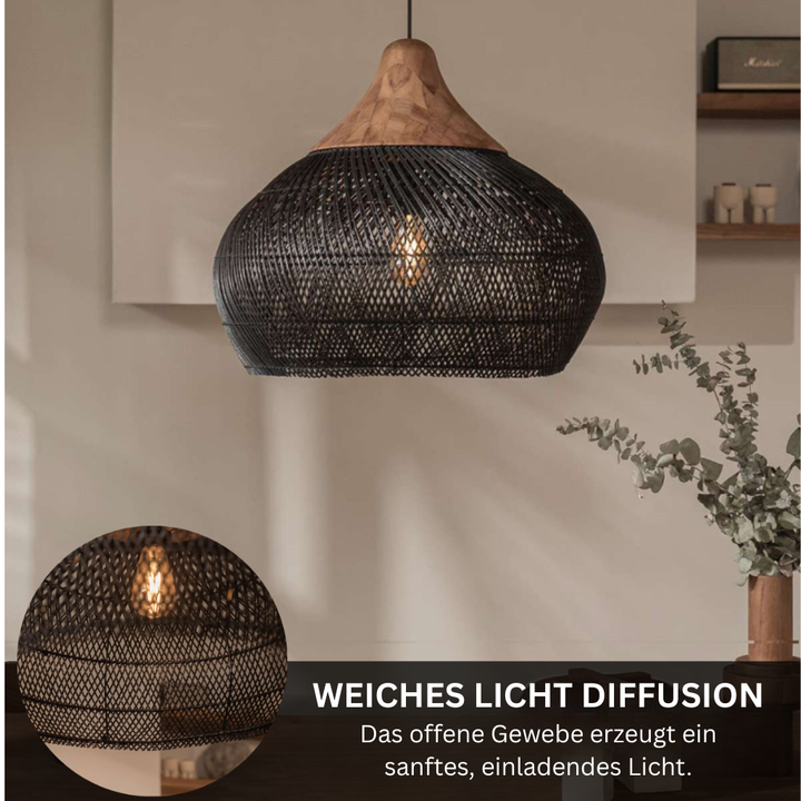 RattéaLuna: Lampada a sospensione rotonda in rattan intrecciata a mano con LED E27 e luce calda – per soggiorno e sala da pranzo