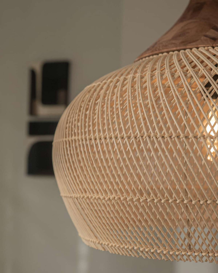 RattéaLuna: Lampada a sospensione rotonda in rattan intrecciata a mano con LED E27 e luce calda – per soggiorno e sala da pranzo