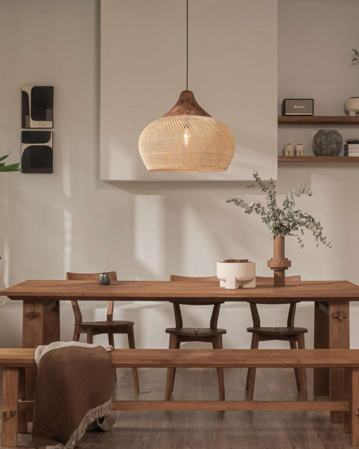 RattéaLuna: Lampada a sospensione rotonda in rattan intrecciata a mano con LED E27 e luce calda – per soggiorno e sala da pranzo