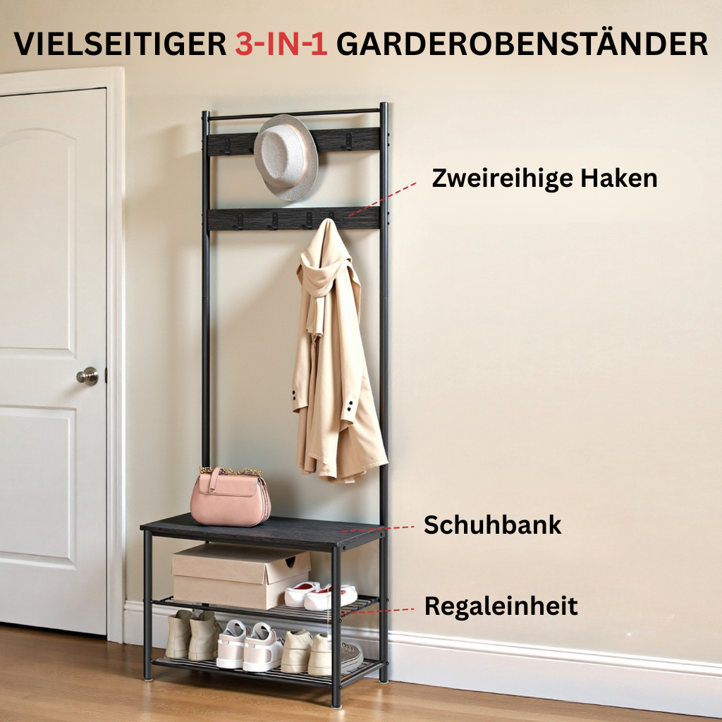 RaumGestell: Appendiabiti in metallo – organizer stabile con ripiano per scarpe e scaffale, compatto e multifunzionale per corridoio e camera da letto