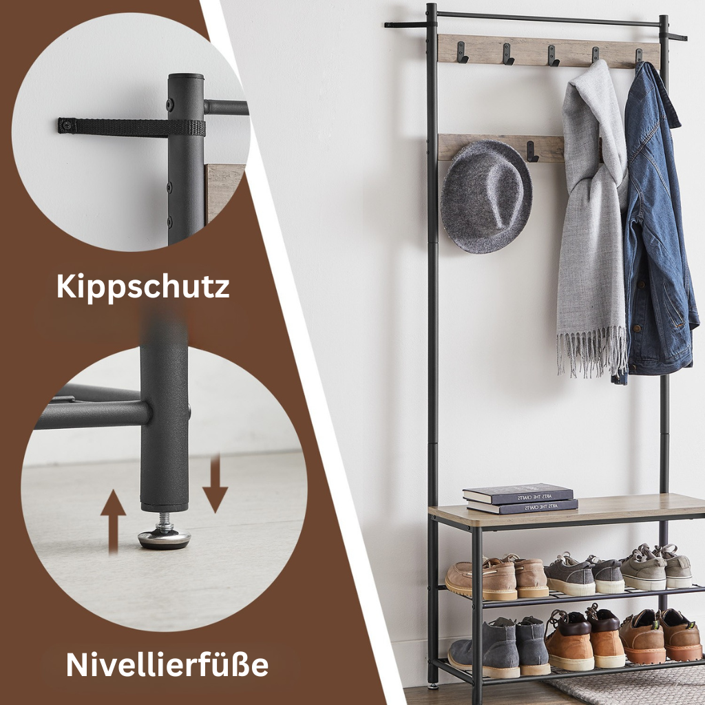 RaumGestell: Appendiabiti in metallo – organizer stabile con ripiano per scarpe e scaffale, compatto e multifunzionale per corridoio e camera da letto