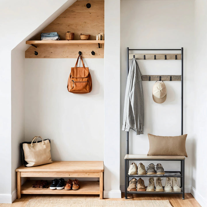 RaumGestell: Appendiabiti in metallo – organizer stabile con ripiano per scarpe e scaffale, compatto e multifunzionale per corridoio e camera da letto
