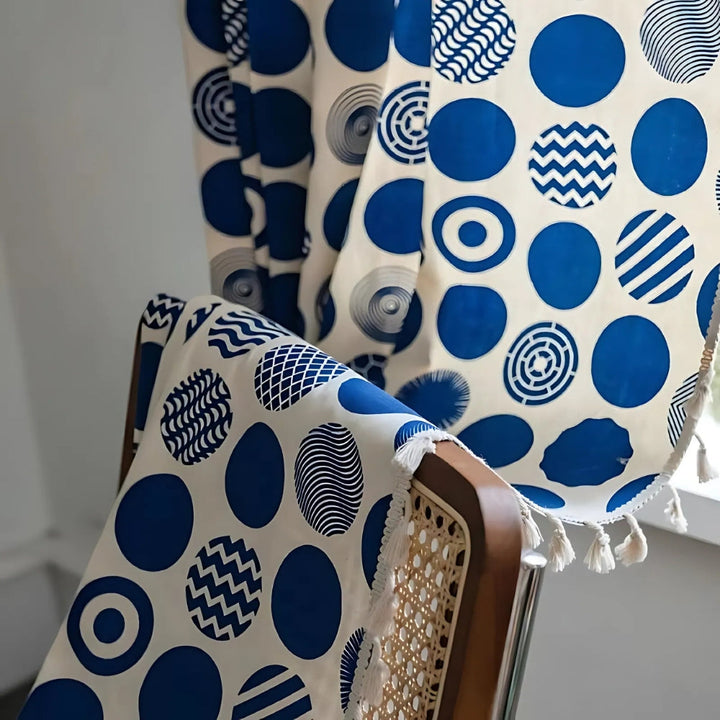 RetroPunkte: Tenda blu con motivo a pois e frange – decorativa per soggiorno e camera da letto