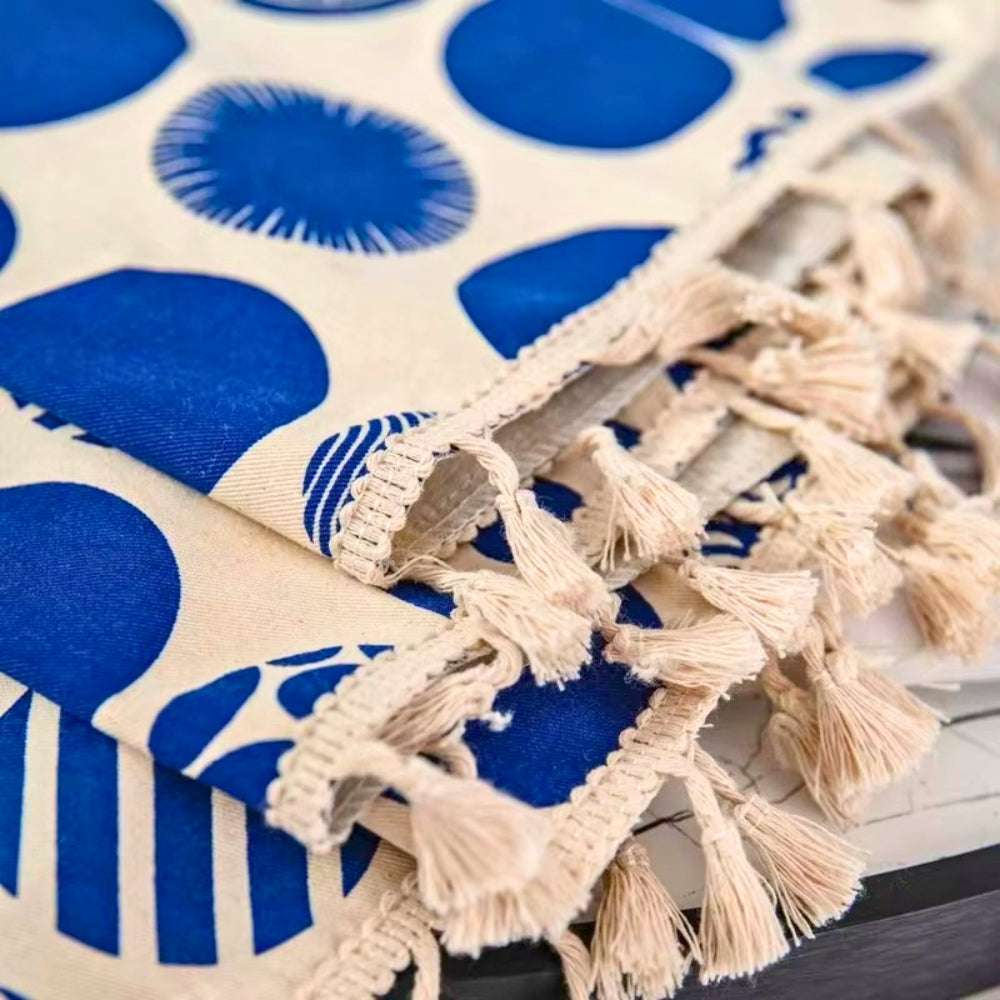 RetroPunkte: Tenda blu con motivo a pois e frange – decorativa per soggiorno e camera da letto