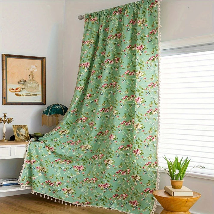 RosengartenGrün: Tenda con motivo di rose e frange – semi-trasparente e decorativa per soggiorno e camera da letto