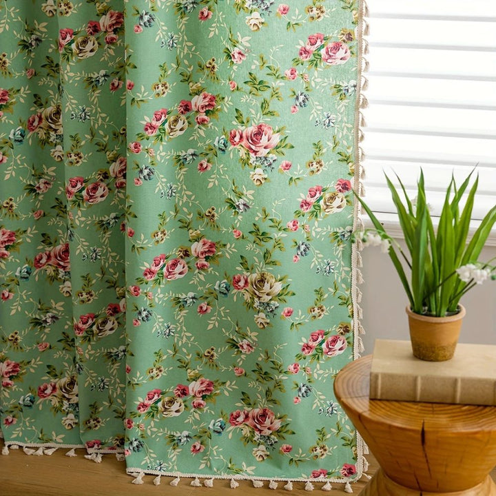 RosengartenGrün: Tenda con motivo di rose e frange – semi-trasparente e decorativa per soggiorno e camera da letto
