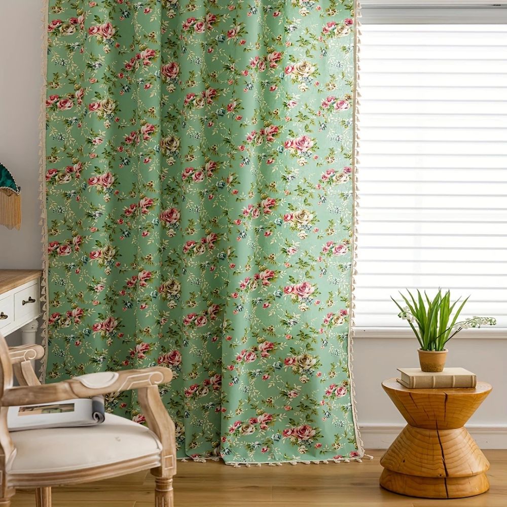 RosengartenGrün: Tenda con motivo di rose e frange – semi-trasparente e decorativa per soggiorno e camera da letto