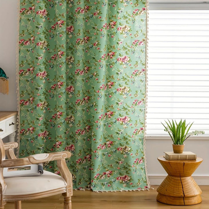 RosengartenGrün: Tenda con motivo di rose e frange – semi-trasparente e decorativa per soggiorno e camera da letto