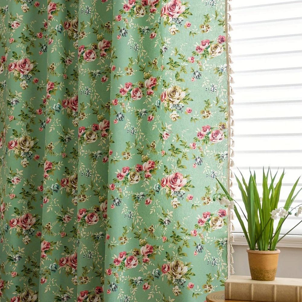 RosengartenGrün: Tenda con motivo di rose e frange – semi-trasparente e decorativa per soggiorno e camera da letto