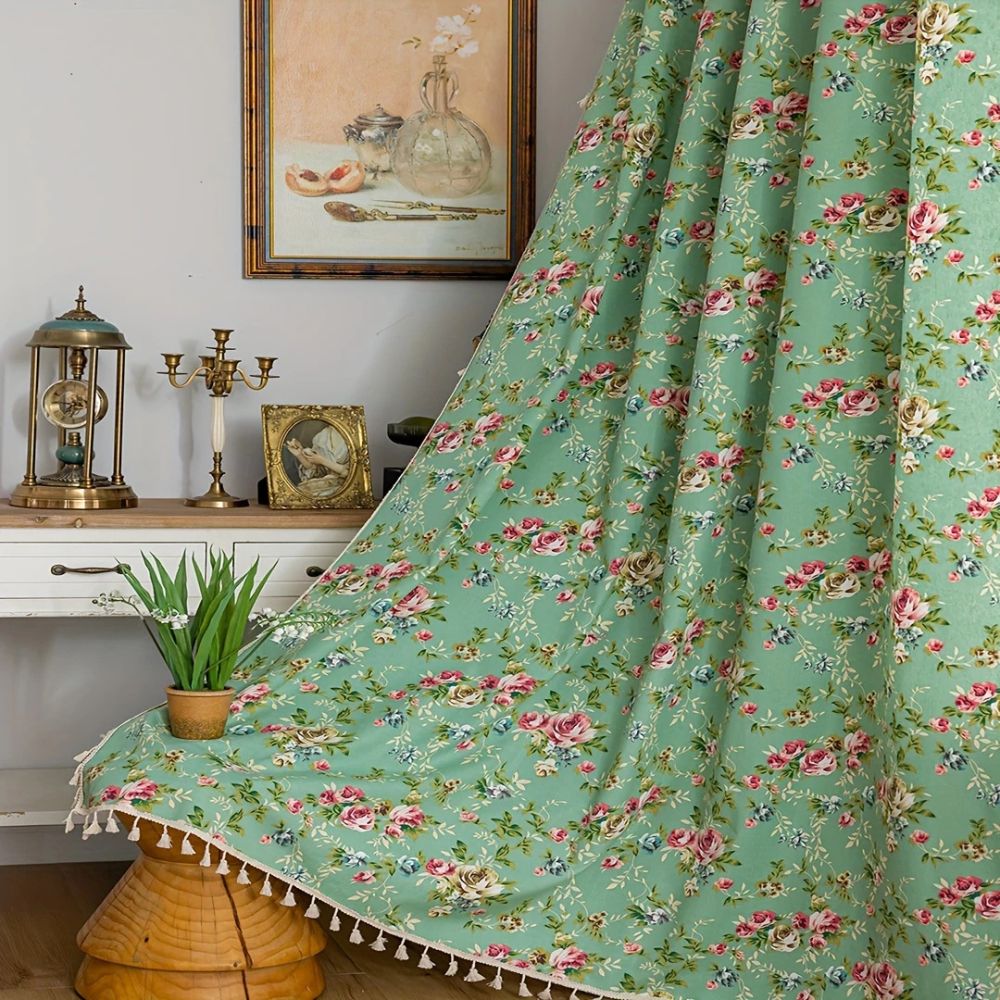 RosengartenGrün: Tenda con motivo di rose e frange – semi-trasparente e decorativa per soggiorno e camera da letto