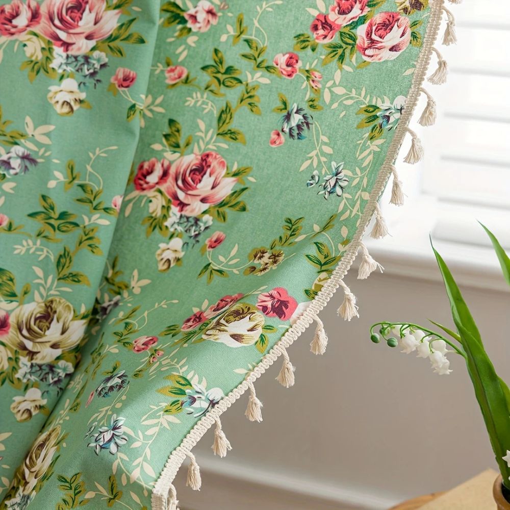 RosengartenGrün: Tenda con motivo di rose e frange – semi-trasparente e decorativa per soggiorno e camera da letto