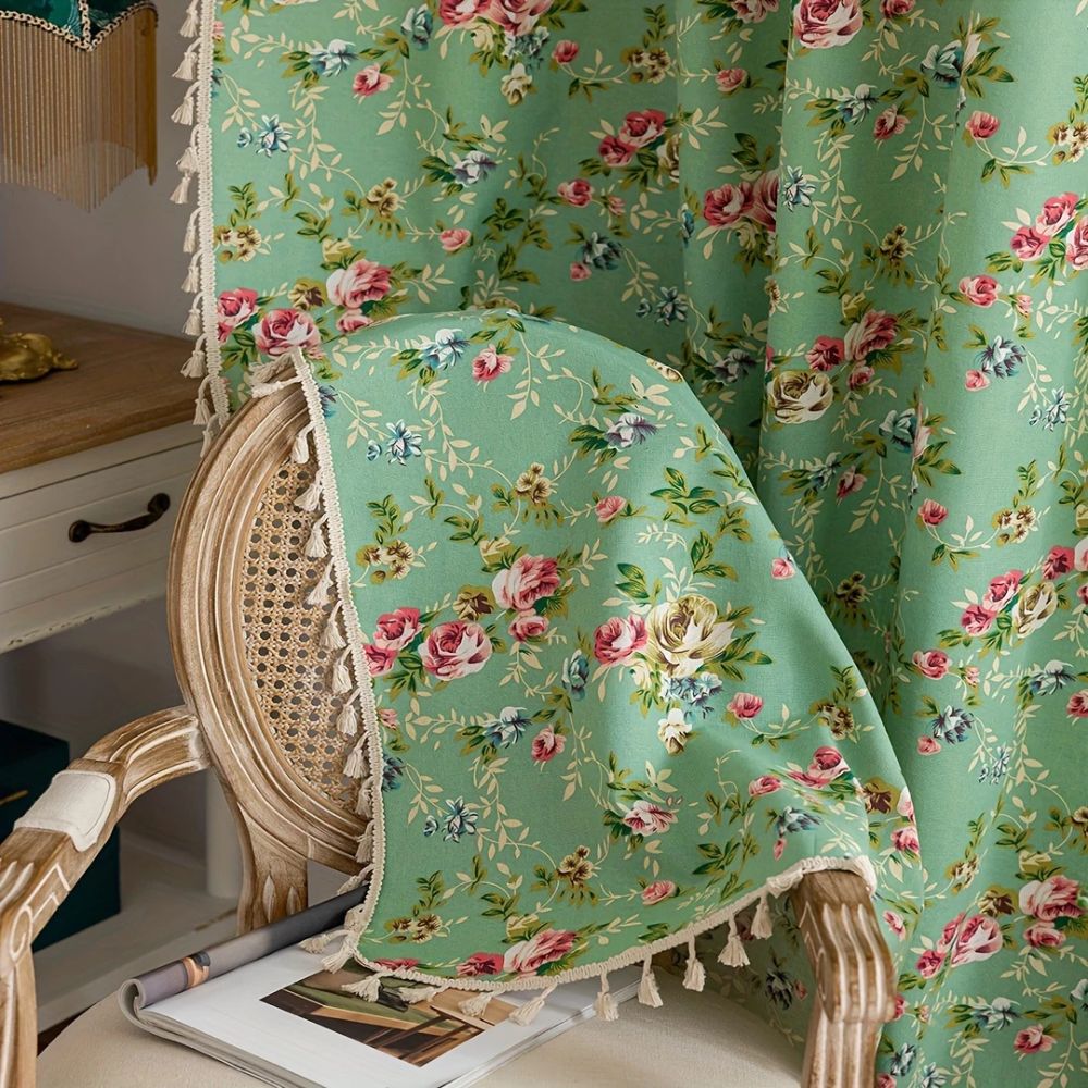 RosengartenGrün: Tenda con motivo di rose e frange – semi-trasparente e decorativa per soggiorno e camera da letto