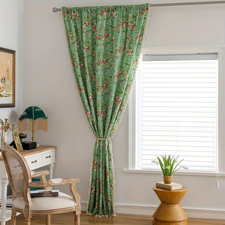 RosengartenGrün: Tenda con motivo di rose e frange – semi-trasparente e decorativa per soggiorno e camera da letto