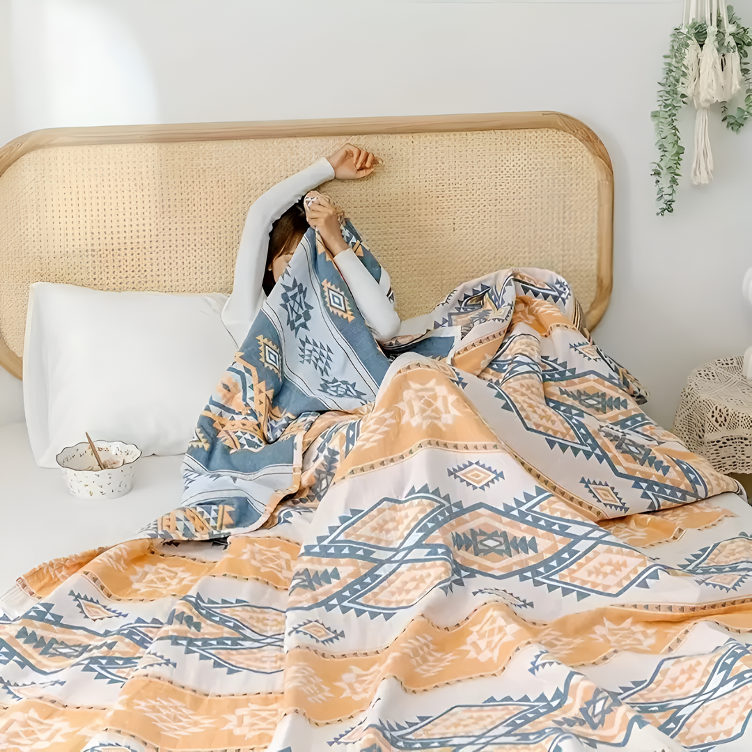 RuhigerBoho: Morbida coperta in cotone con jacquard geometrico e look Boho – per divano e letto