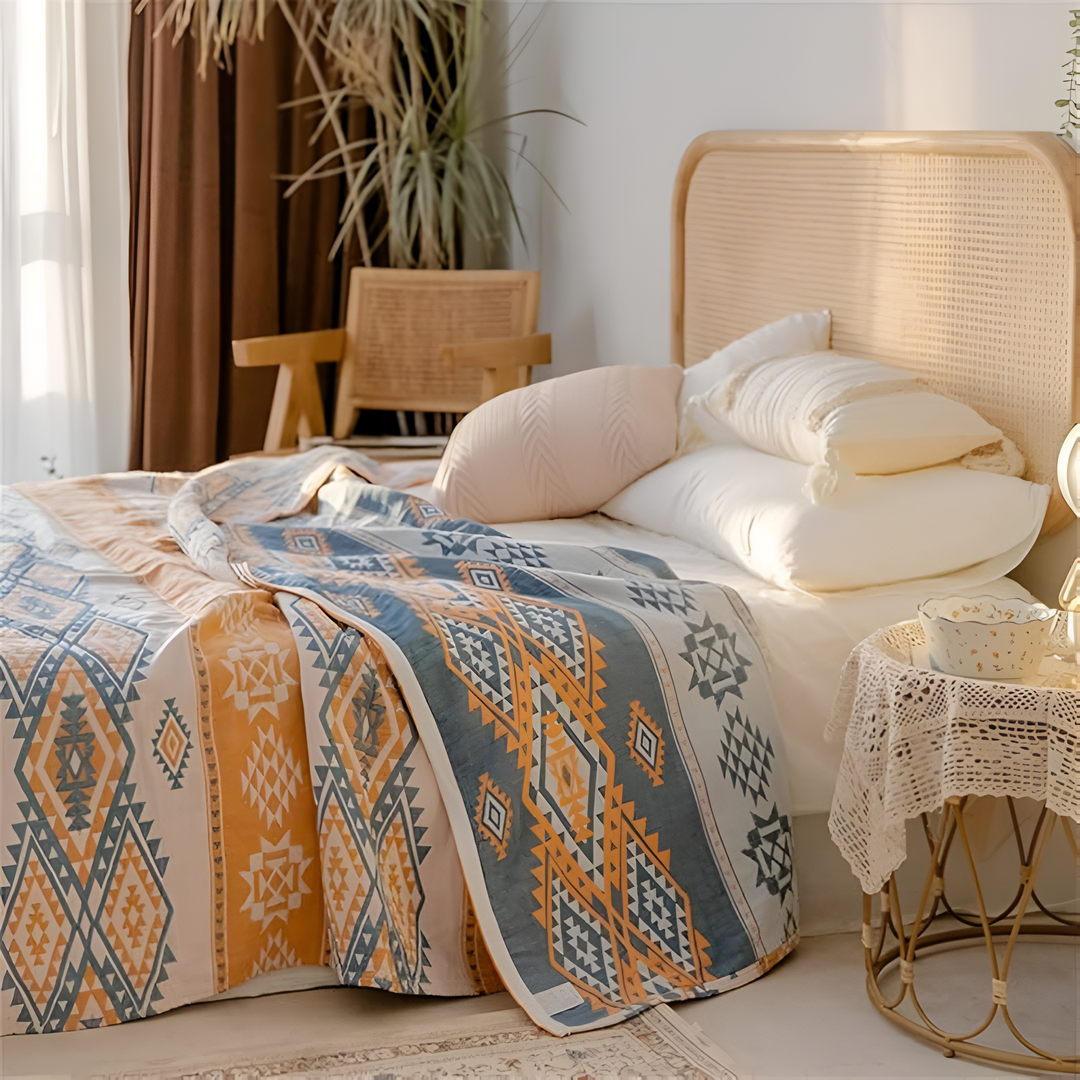 RuhigerBoho: Morbida coperta in cotone con jacquard geometrico e look Boho – per divano e letto
