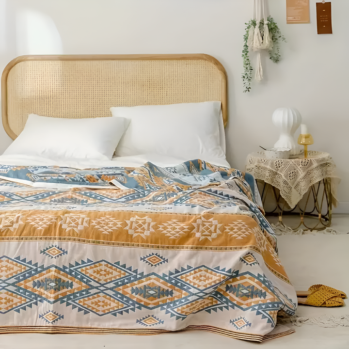 RuhigerBoho: Morbida coperta in cotone con jacquard geometrico e look Boho – per divano e letto