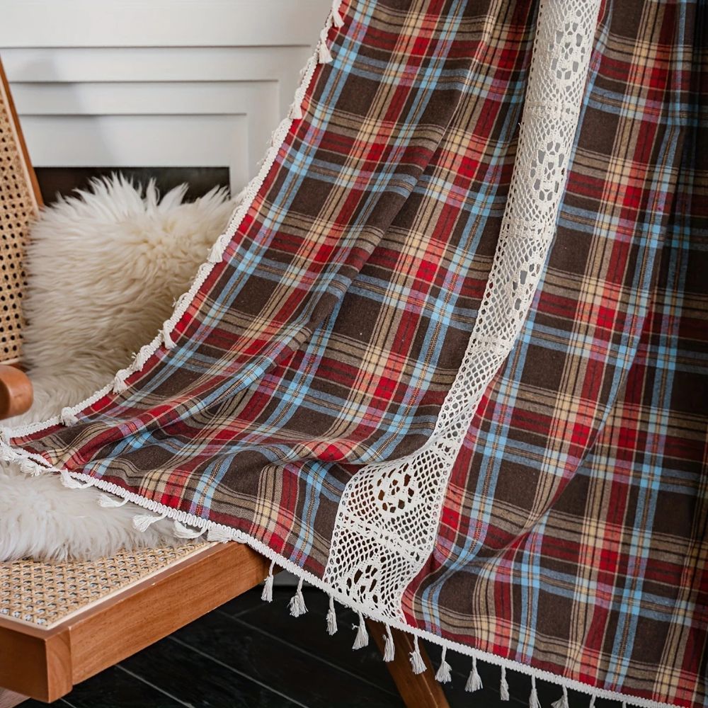 RustikalerTartan: Tenda a quadri con bordo in pizzo – semitrasparente e decorativa per cucina e soggiorno