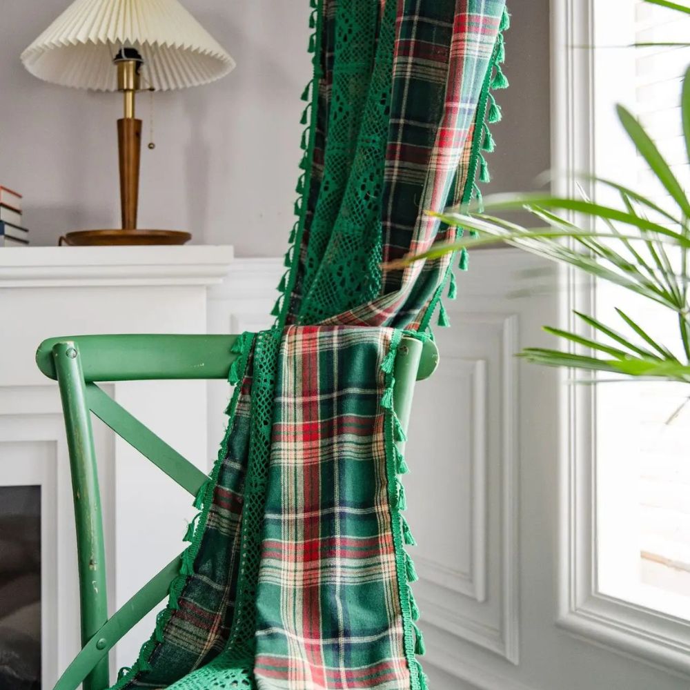 RustikalerTartan: Tenda a quadri con bordo in pizzo – semitrasparente e decorativa per cucina e soggiorno