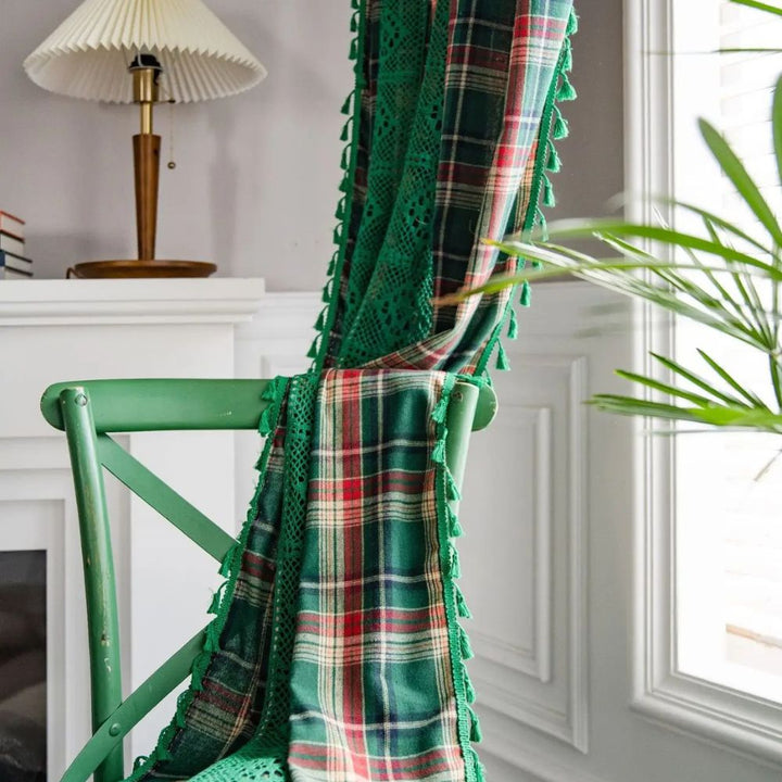 RustikalerTartan: Tenda a quadri con bordo in pizzo – semitrasparente e decorativa per cucina e soggiorno