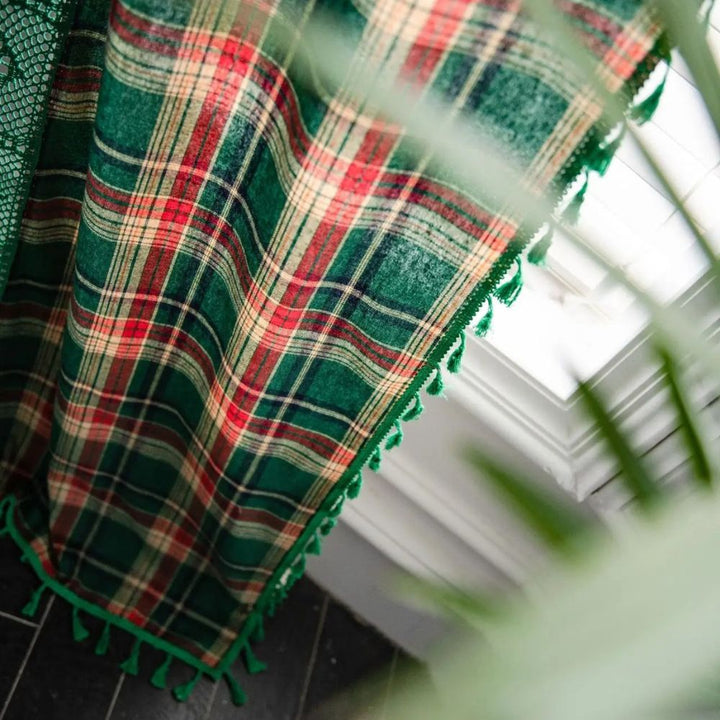 RustikalerTartan: Tenda a quadri con bordo in pizzo – semitrasparente e decorativa per cucina e soggiorno