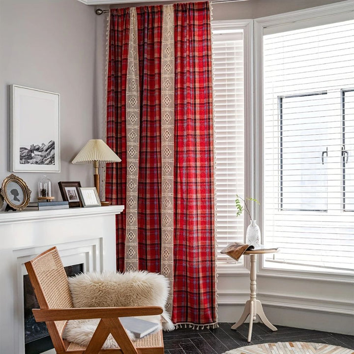 RustikalerTartan: Tenda a quadri con bordo in pizzo – semitrasparente e decorativa per cucina e soggiorno