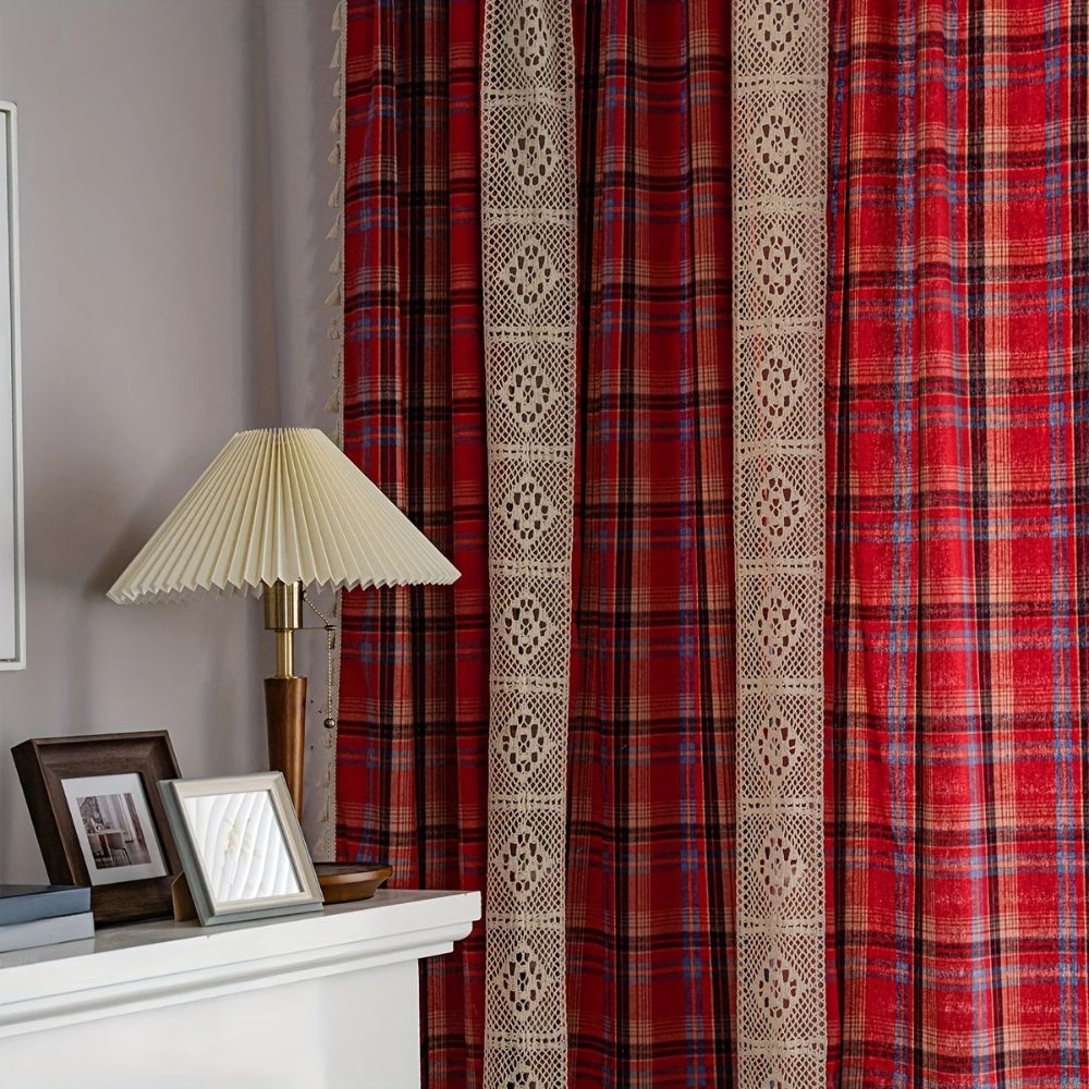 RustikalerTartan: Tenda a quadri con bordo in pizzo – semitrasparente e decorativa per cucina e soggiorno