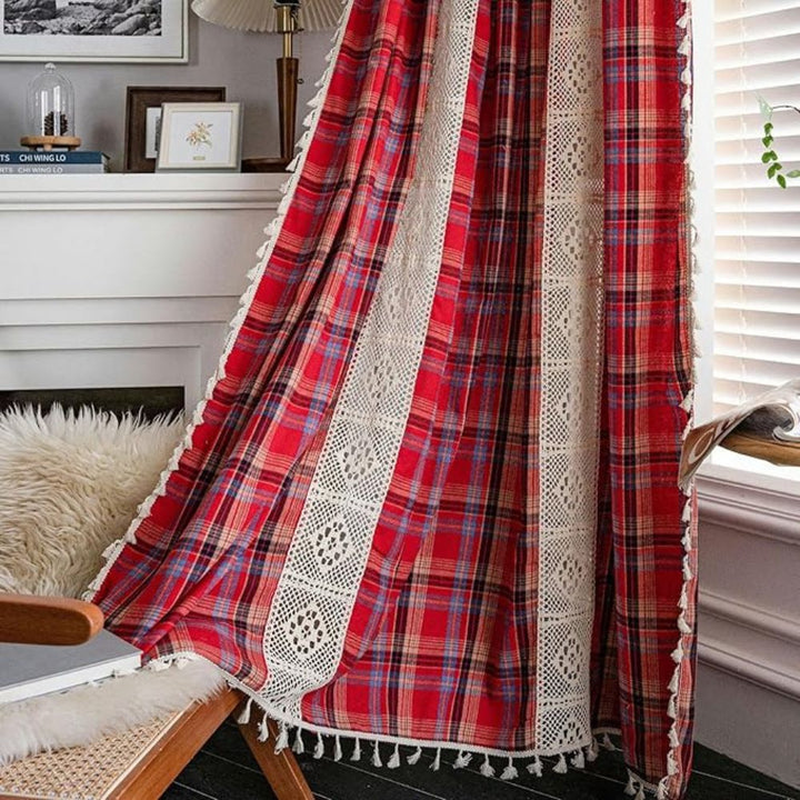 RustikalerTartan: Tenda a quadri con bordo in pizzo – semitrasparente e decorativa per cucina e soggiorno