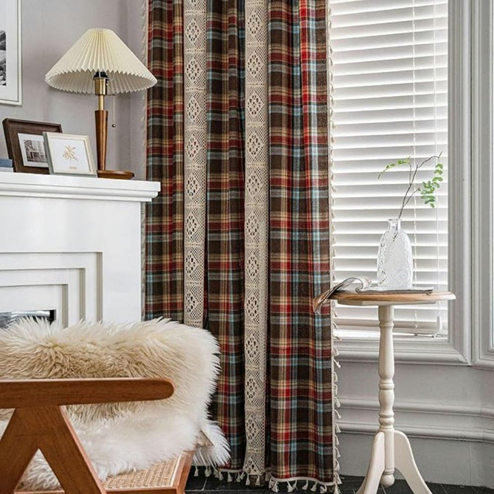 RustikalerTartan: Tenda a quadri con bordo in pizzo – semitrasparente e decorativa per cucina e soggiorno