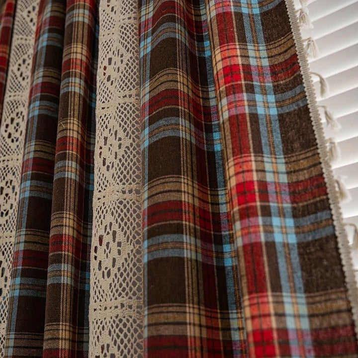 RustikalerTartan: Tenda a quadri con bordo in pizzo – semitrasparente e decorativa per cucina e soggiorno