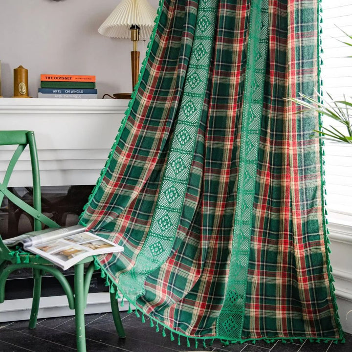 RustikalerTartan: Tenda a quadri con bordo in pizzo – semitrasparente e decorativa per cucina e soggiorno