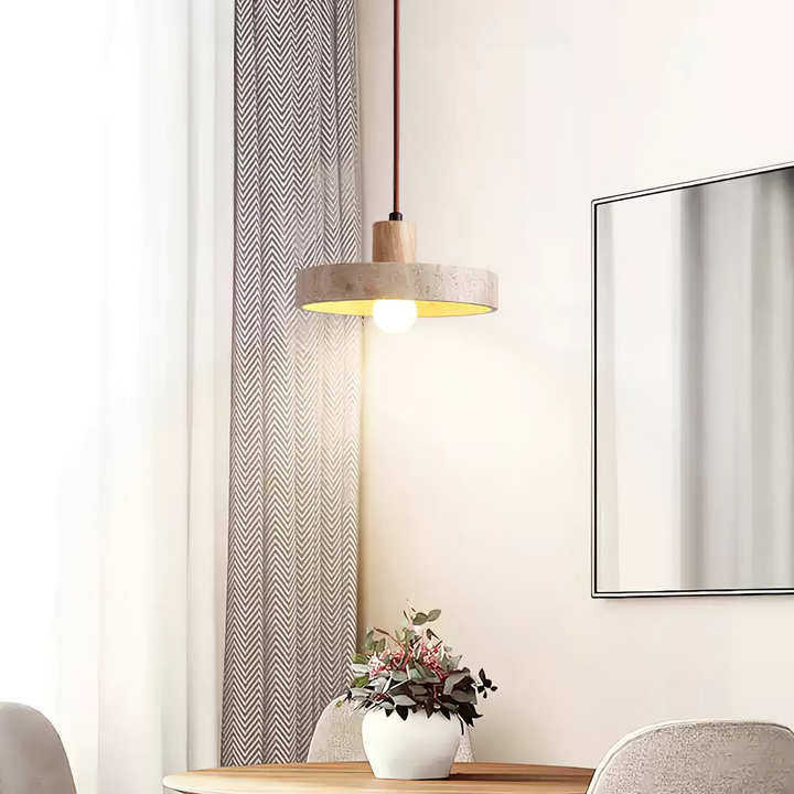 SabiStone: Lampada a sospensione Wabi-Sabi in pietra fatta a mano con legno di noce – per camere da letto e comodini