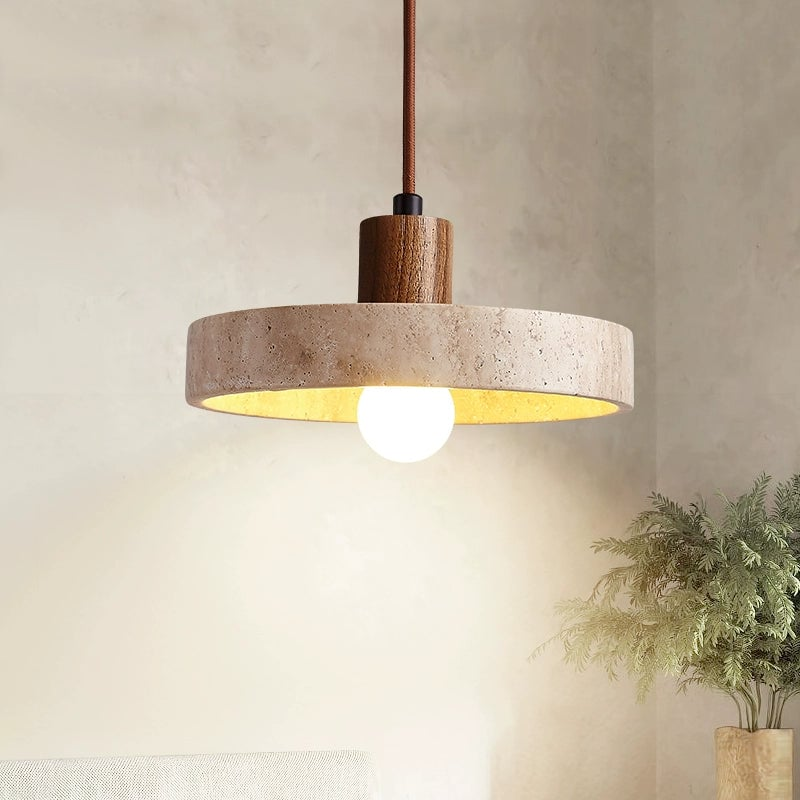 SabiStone: Lampada a sospensione Wabi-Sabi in pietra fatta a mano con legno di noce – per camere da letto e comodini