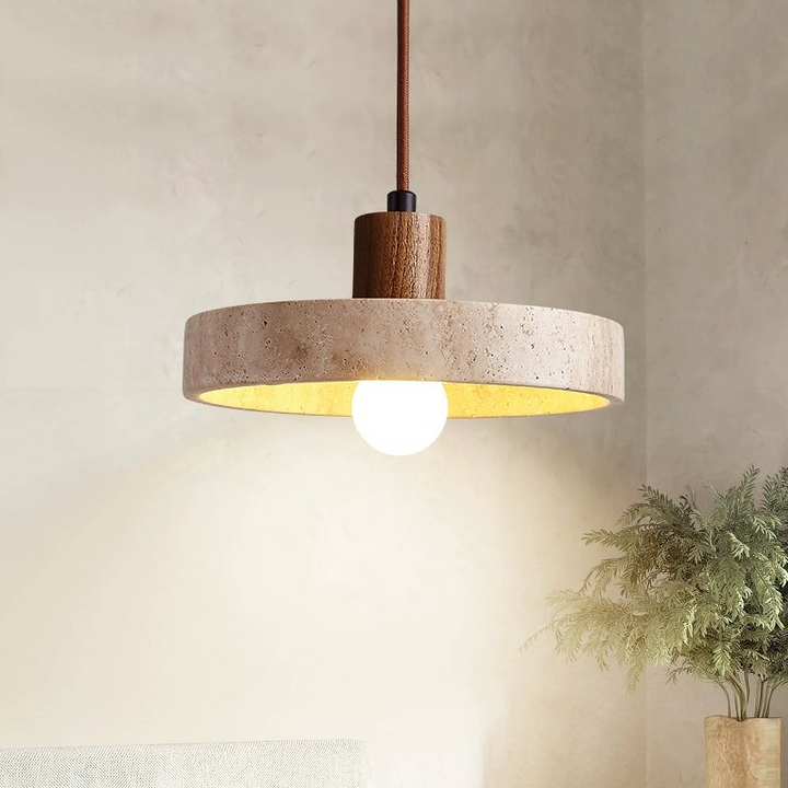 SabiStone: Lampada a sospensione Wabi-Sabi in pietra fatta a mano con legno di noce – per camere da letto e comodini