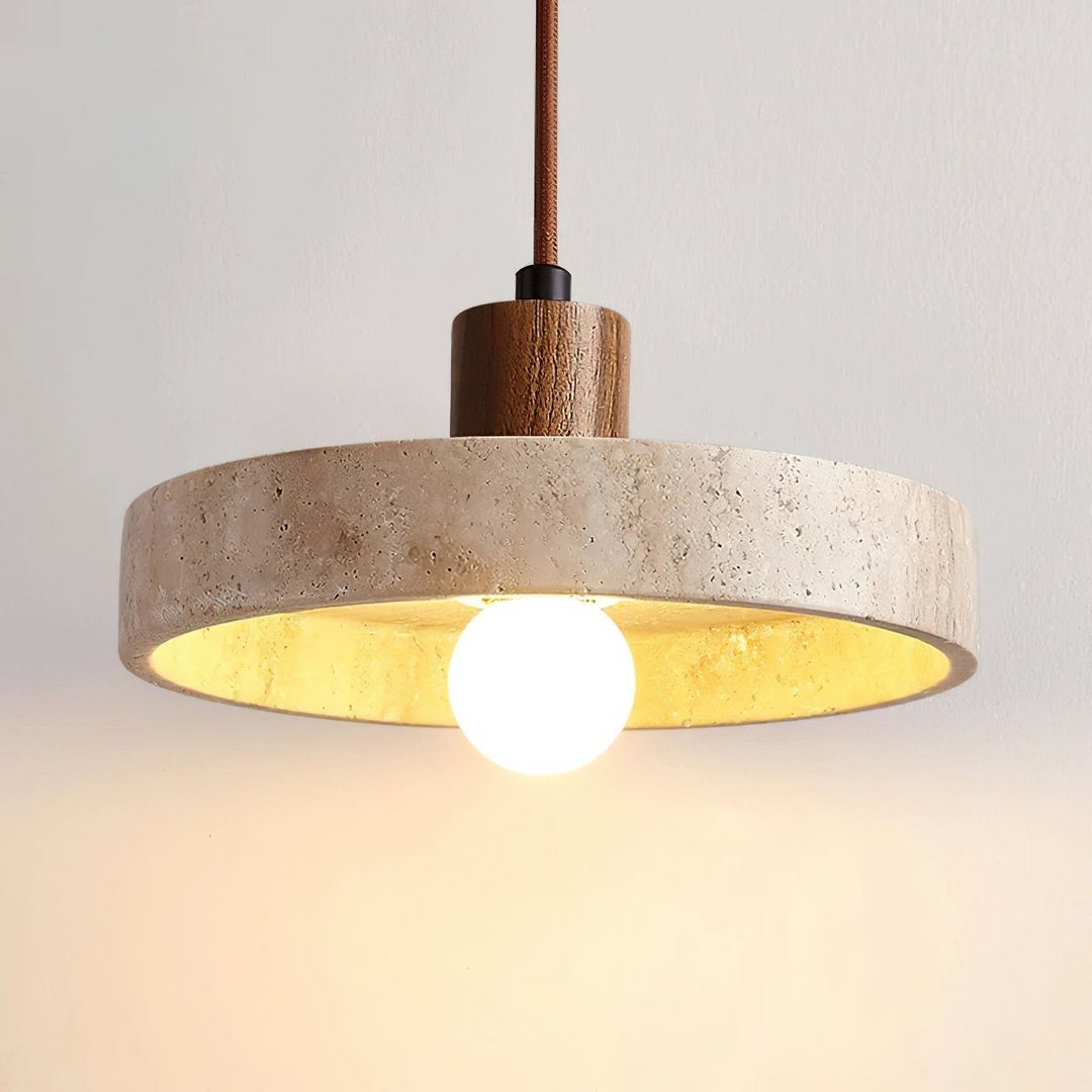 SabiStone: Lampada a sospensione Wabi-Sabi in pietra fatta a mano con legno di noce – per camere da letto e comodini