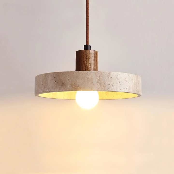 SabiStone: Lampada a sospensione Wabi-Sabi in pietra fatta a mano con legno di noce – per camere da letto e comodini