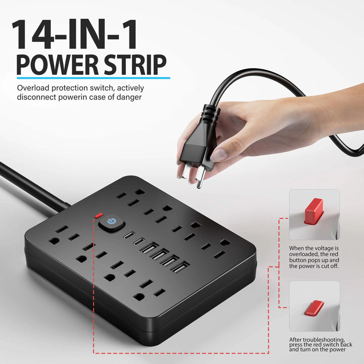 Protezione contro le sovratensioni 14 in 1, 8 AC e 4 USB, prolunga per ricarica da scrivania