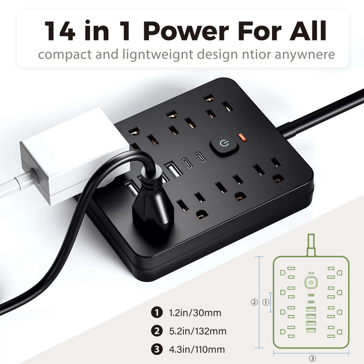 Protezione contro le sovratensioni 14 in 1, 8 AC e 4 USB, prolunga per ricarica da scrivania